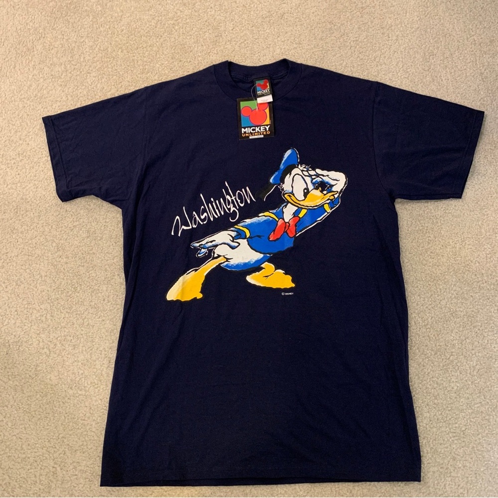 Donald Duck Washington Dark Blue T-Shirt Mens Size L Velva Sheen Single Stitch